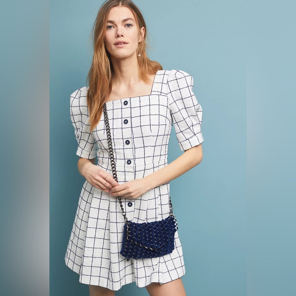 ANTHROPOLOGIE GAL MEETS GLAM Dawn Windowpane Puff Sleeve Shirt Dress Size 8